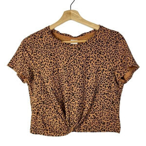 H&M Light Brown Leopard Print Twist Front Crop Short Sleeve T-Shirt S